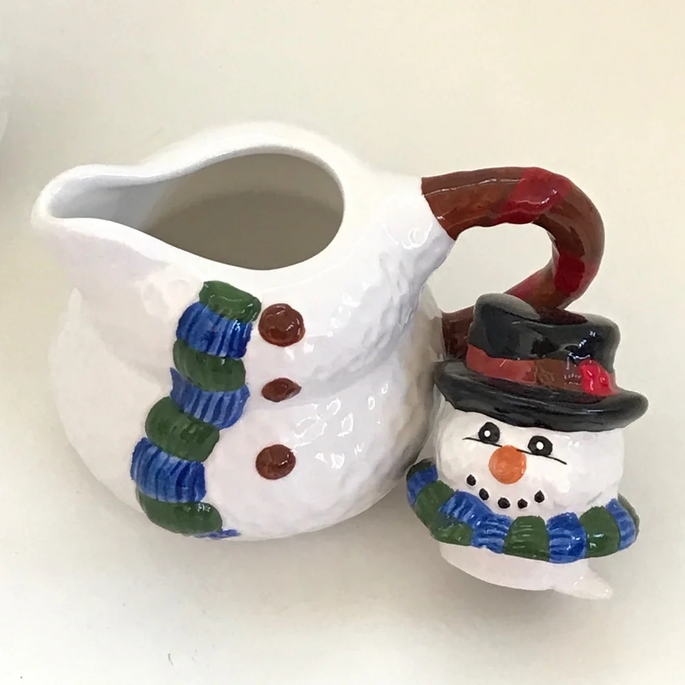4 Piece Set Sugar Creamer Salt Pepper Holiday Winter Snowman Ceramic